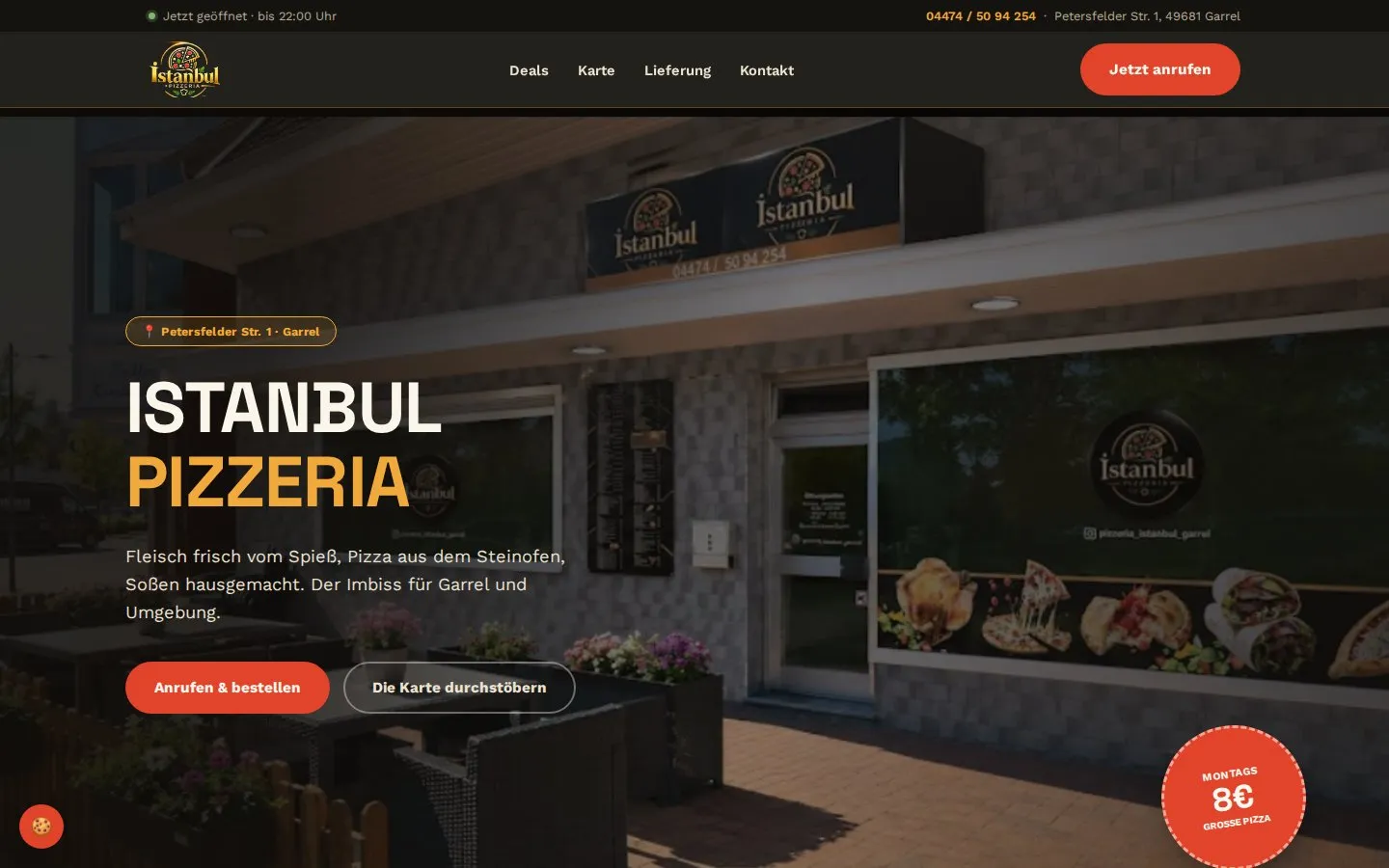 Startseite der Istanbul Pizzeria Garrel mit Foto der Ladenfront, Öffnungsstatus und Anruf-Button